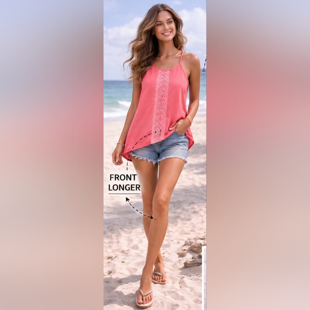 La Vie en Rose Coral Lace Tank Top Beach Cover Up Boho Camisole High-Low Hem Vis